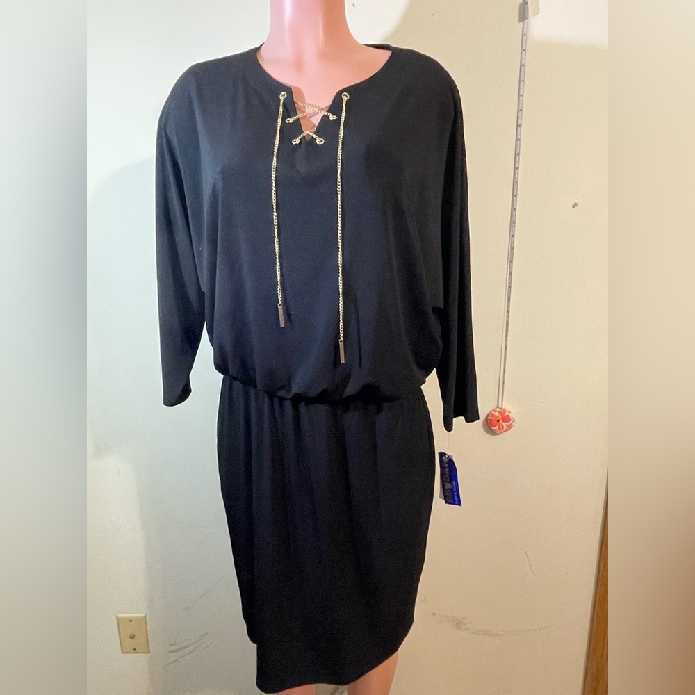 Peter Nygard Dress Women's Size 14 Black dress w/gold chain tie fully‎ lined NWT